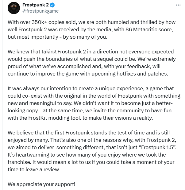 《冰汽时代2》感恩玩家支持，火速修复游戏中遇到的问题！