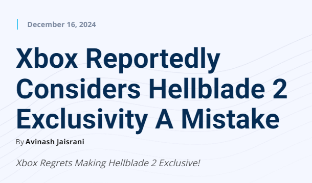 Xbox后悔放弃地狱之刃2跨平台发售 考虑PS平台推广策略