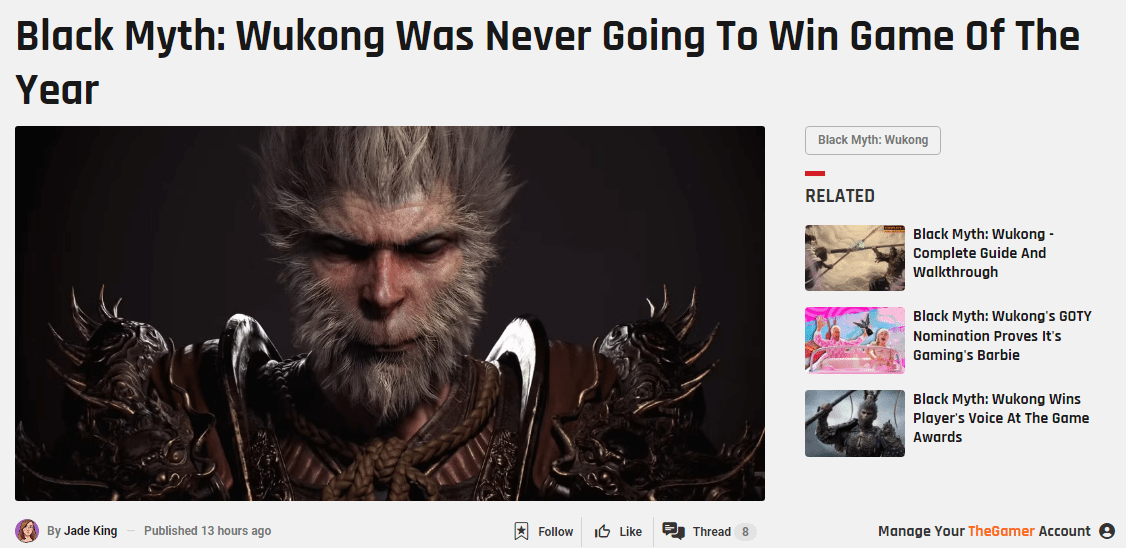 女记者质疑黑神话与年度最佳失之交臂：与竞品差距明显