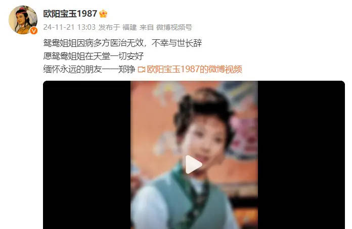 “贾宝玉”发文悼念郑铮：愿鸳鸯姐姐在天堂一切安好