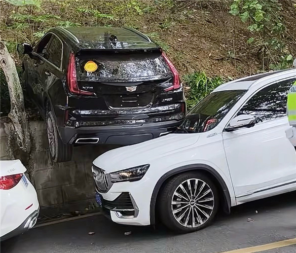 攀枝花现叠罗汉车祸 新手女司机误踩油门致凯迪拉克骑顶SUV